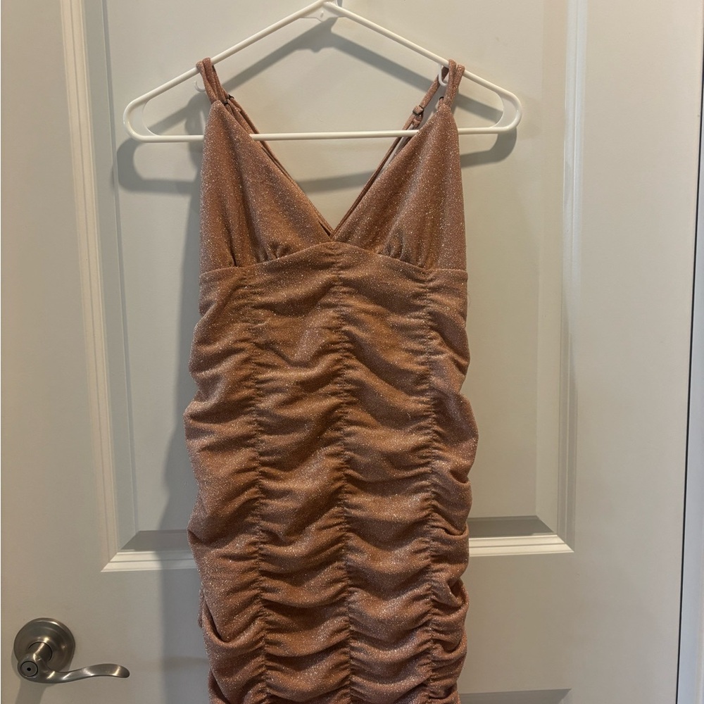 Wild Fable Shimmering Ruched Mini Dress in Rose Gold